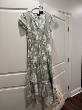 Tahari Sage Green and White Floral Tiered Maxi Dress